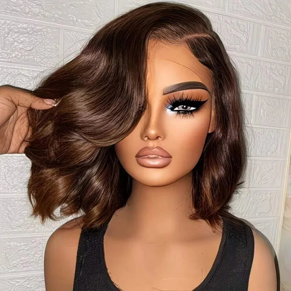 Chocolate Brown 13x4 Body Wave Bob Wig Human Hair Wigs 200 Density #4 Brown Blunt Cut Short Bob Lace Front Wigs Human Hair Short Glueless Wigs for Women