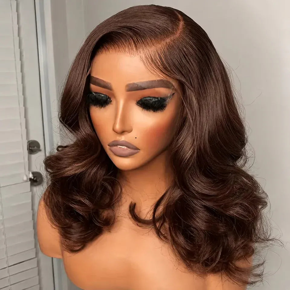 Chocolate Brown 13x4 Body Wave Bob Wig Human Hair Wigs 200 Density #4 Brown Blunt Cut Short Bob Lace Front Wigs Human Hair Short Glueless Wigs for Women