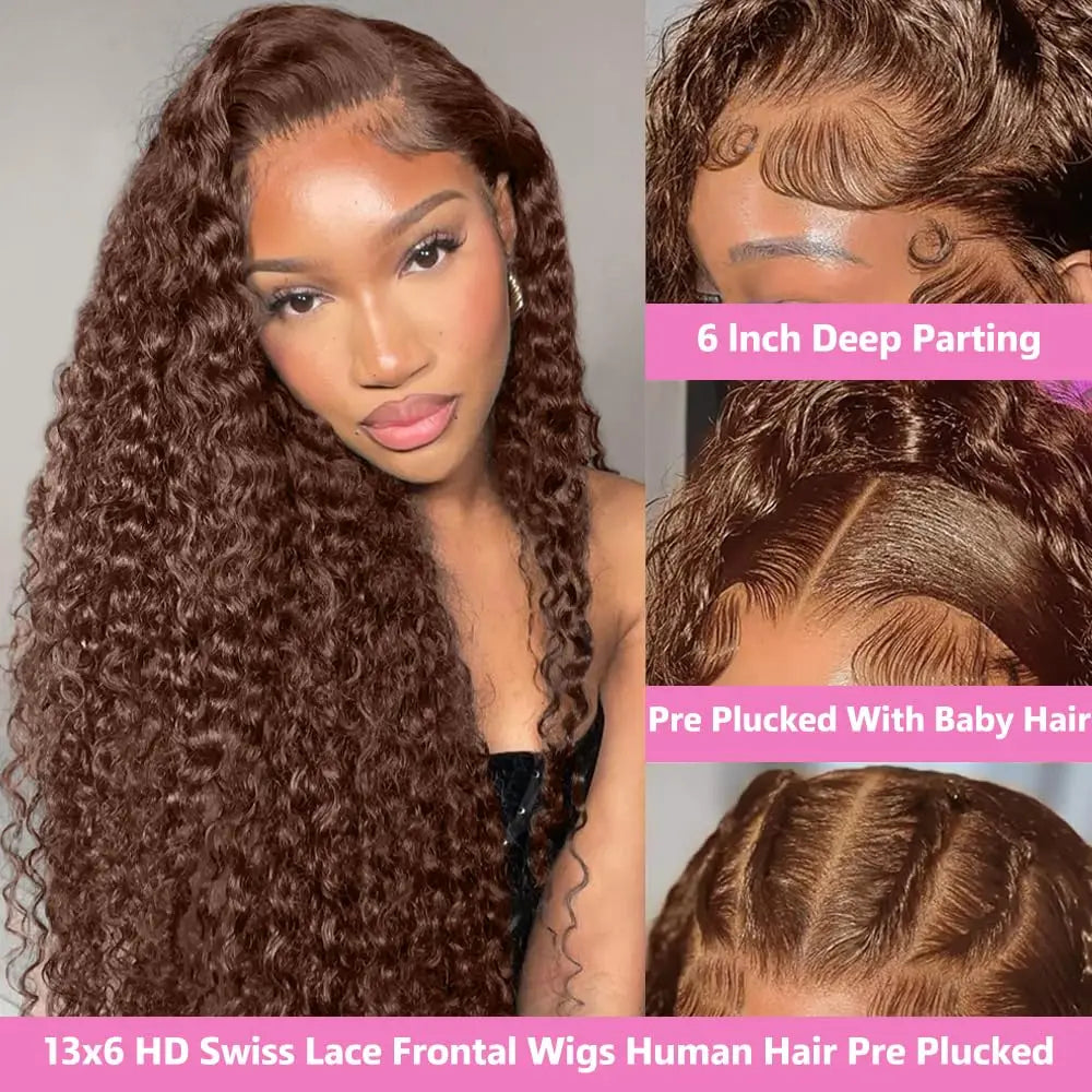 Chocolate Brown 40 Inch Water Wave Curly Lace Front Wigs 13x4 13x6 HD Deep Wave Frontal Wig 5x5 Human Hair Wigs For Women