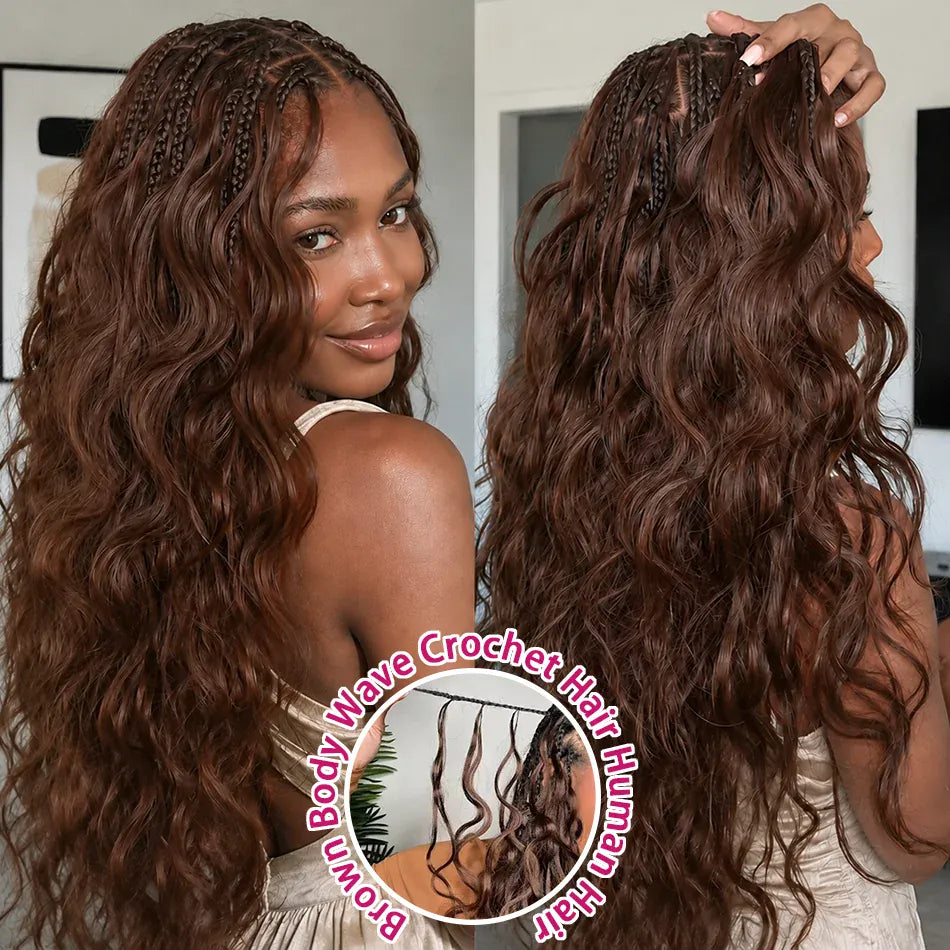 Chocolate Brown Body Wave Crochet Hair Boho Braids Miracle Knots Hair Human Crochet Hair  High Quality Pre-Separated Invisible Wet And Way Crochet Hair Extensions
