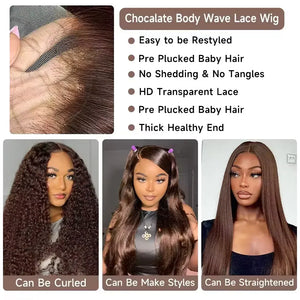 Chocolate Brown Body Wave Human Hair 13x4, 13x6 HD Lace Front Wig 18-46 Inch, 180-200% Density