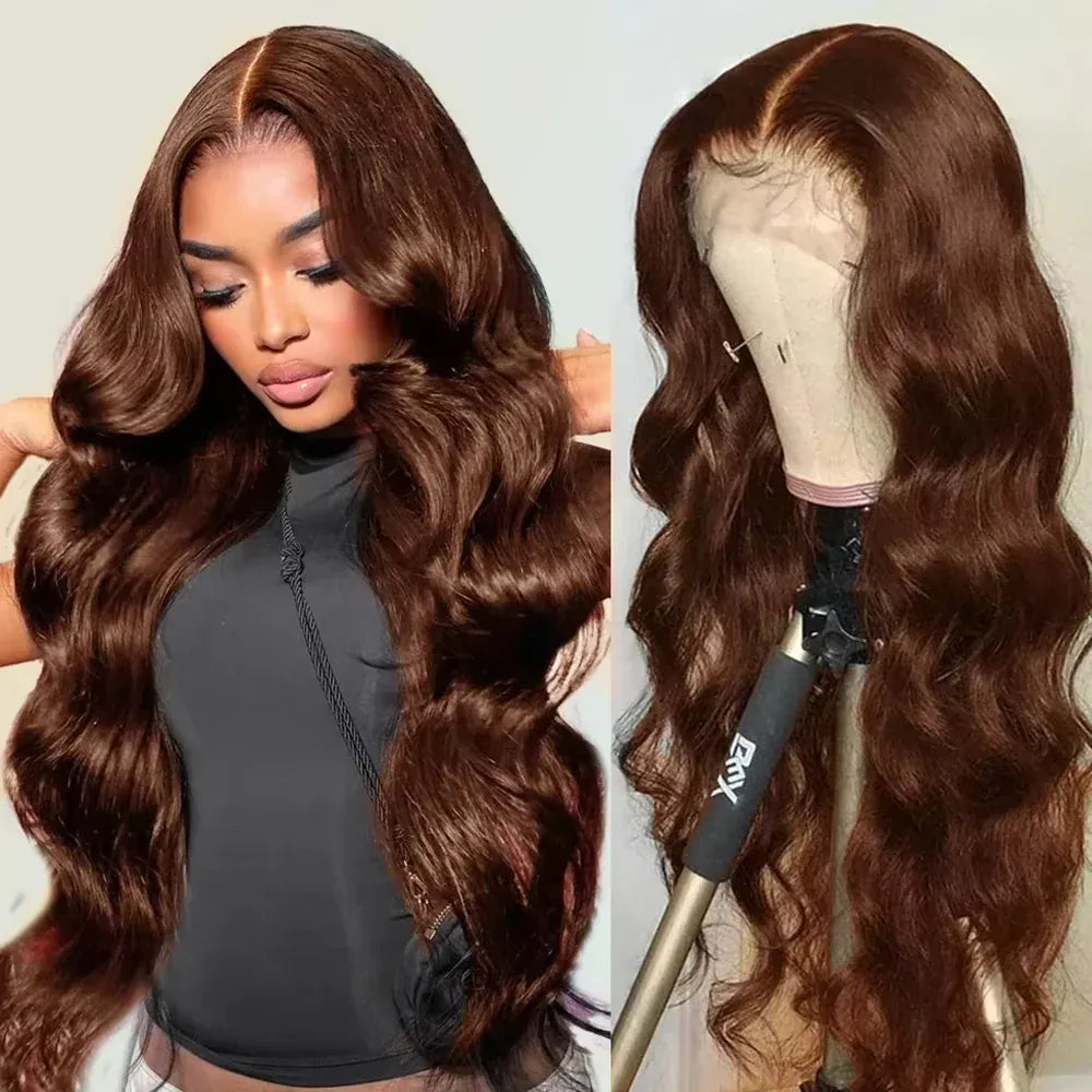 Chocolate Brown Body Wave Human Hair 13x4, 13x6 HD Lace Front Wig 18-46 Inch, 180-200% Density