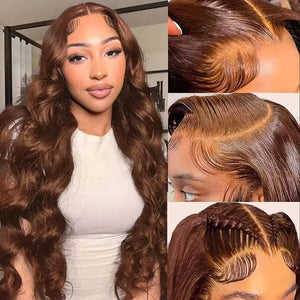 Chocolate Brown Body Wave Human Hair 13x4, 13x6 HD Lace Front Wig 18-46 Inch, 180-200% Density