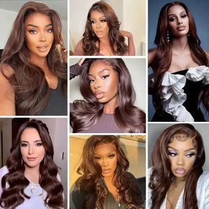 Chocolate Brown Body Wave Human Hair 13x4, 13x6 HD Lace Front Wig 18-46 Inch, 180-200% Density