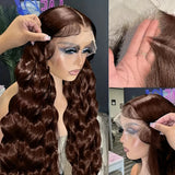 Chocolate Brown Body Wave Lace Front Wigs Human Hair Frontal Lace Wigs 220 Density 30 Inch 13x6 HD Transparent Lace Human Wigs