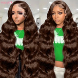 Chocolate Brown Body Wave Lace Front Wigs Human Hair Frontal Lace Wigs 220 Density 30 Inch 13x6 HD Transparent Lace Human Wigs