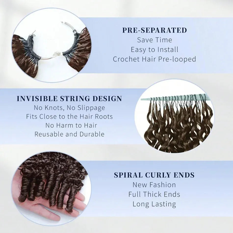 Chocolate Brown Boho Braids Feather Crochet Human Hair Burmese Curly Human Hair Extensions Pre Separated Knotless Handmade Bundles Crochet Hair 10-30Inch