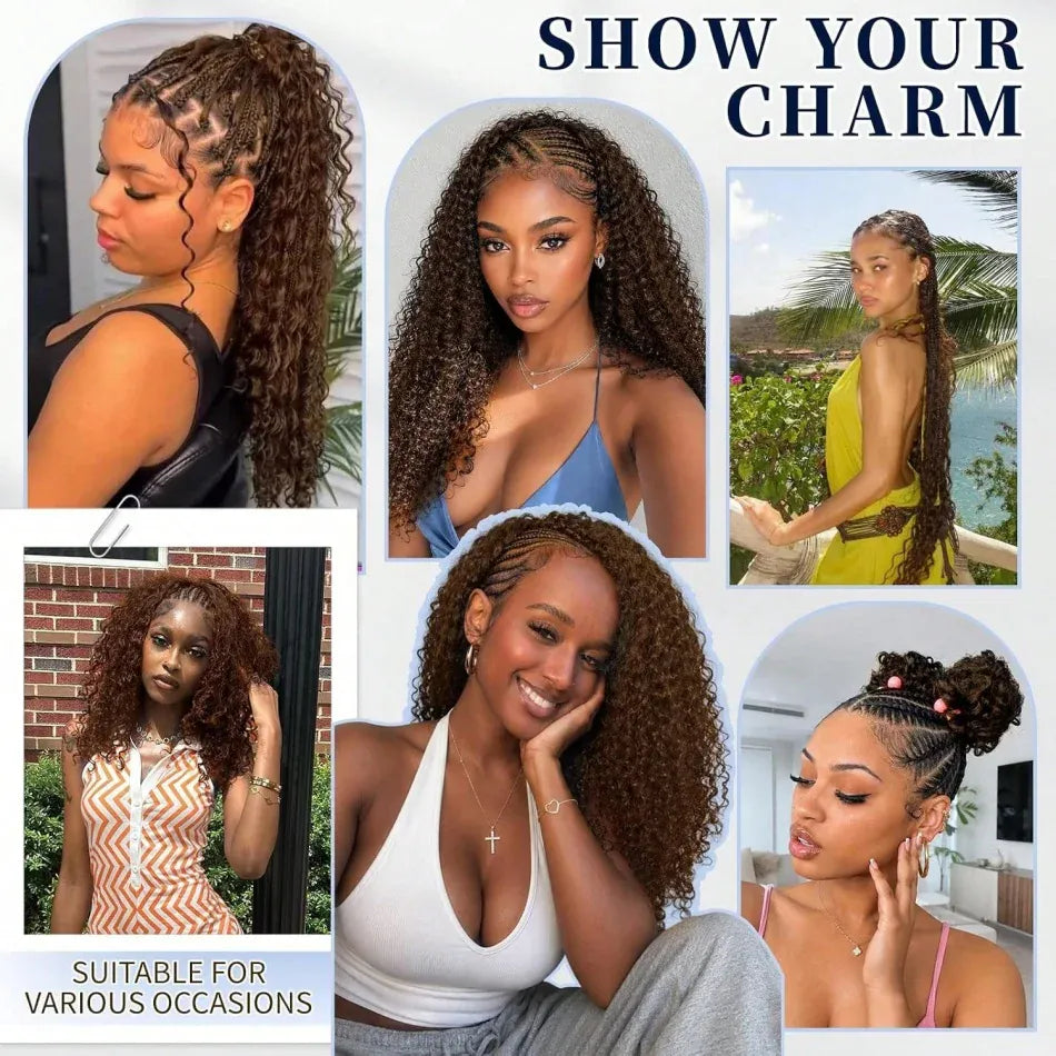 Chocolate Brown Boho Braids Feather Crochet Human Hair Burmese Curly Human Hair Extensions Pre Separated Knotless Handmade Bundles Crochet Hair 10-30Inch