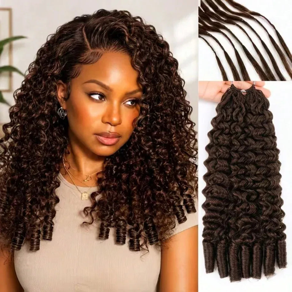Chocolate Brown Boho Braids Feather Crochet Human Hair Burmese Curly Human Hair Extensions Pre Separated Knotless Handmade Bundles Crochet Hair 10-30Inch