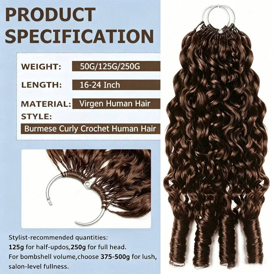 Chocolate Brown Boho Braids Feather Crochet Human Hair Burmese Curly Human Hair Extensions Pre Separated Knotless Handmade Bundles Crochet Hair 10-30Inch
