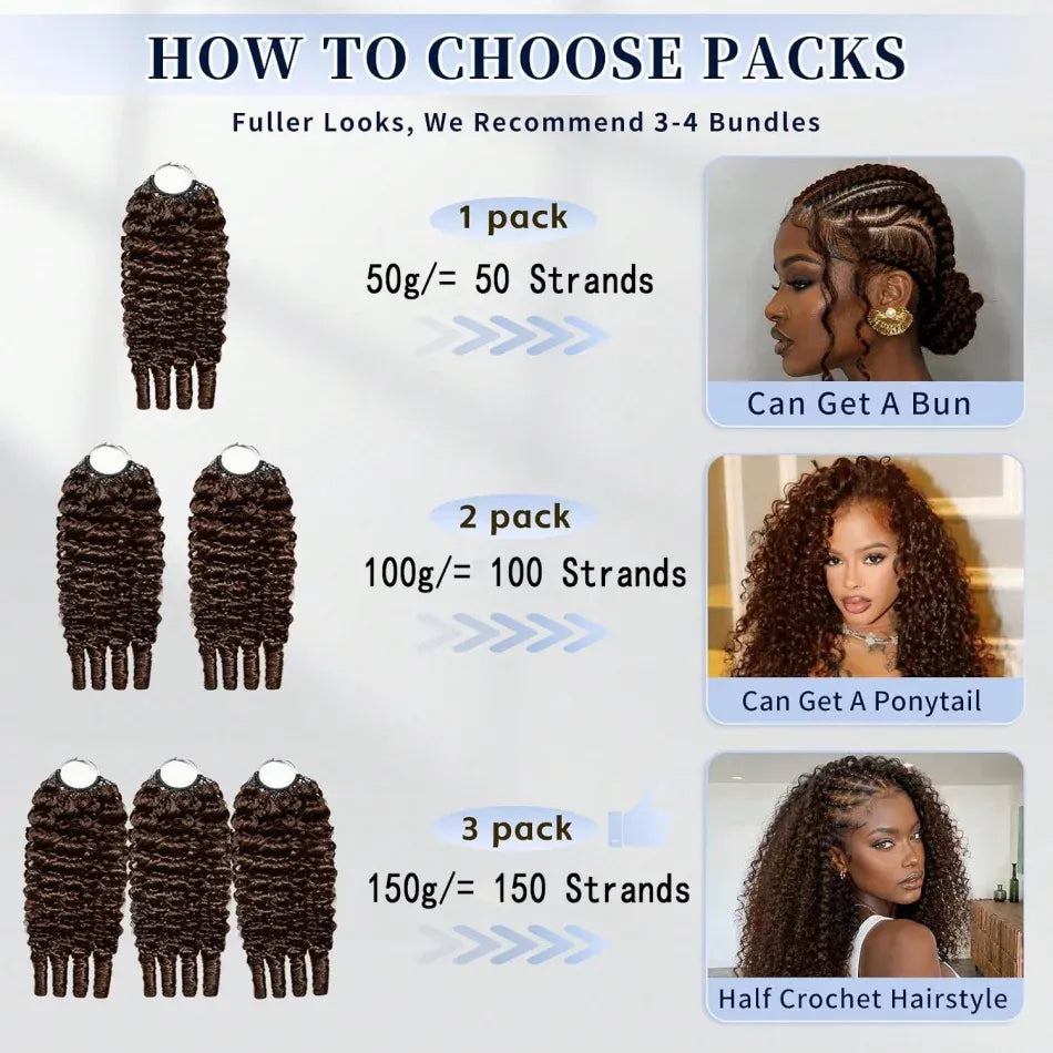 Chocolate Brown Boho Braids Feather Crochet Human Hair Burmese Curly Human Hair Extensions Pre Separated Knotless Handmade Bundles Crochet Hair 10-30Inch