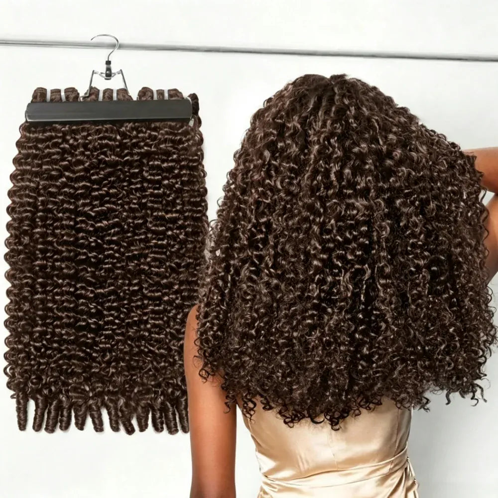 Chocolate Brown Boho Braids Feather Crochet Human Hair Burmese Curly Human Hair Extensions Pre Separated Knotless Handmade Bundles Crochet Hair 10-30Inch