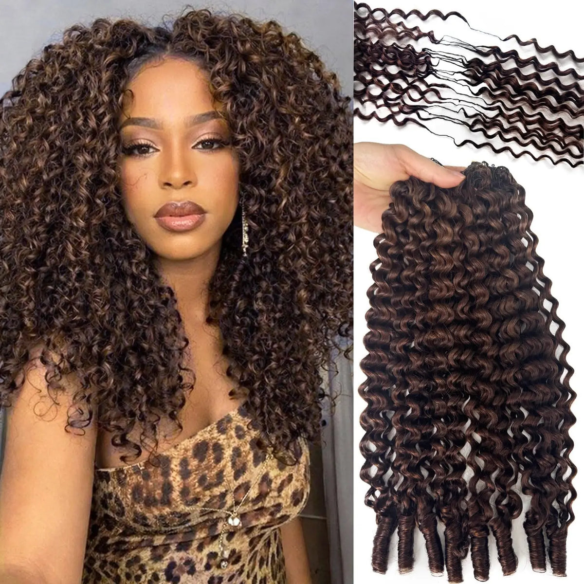 Chocolate Brown Boho Braids Feather Crochet Human Hair Burmese Curly Human Hair Extensions Pre Separated Knotless Handmade Bundles Crochet Hair 10-30Inch