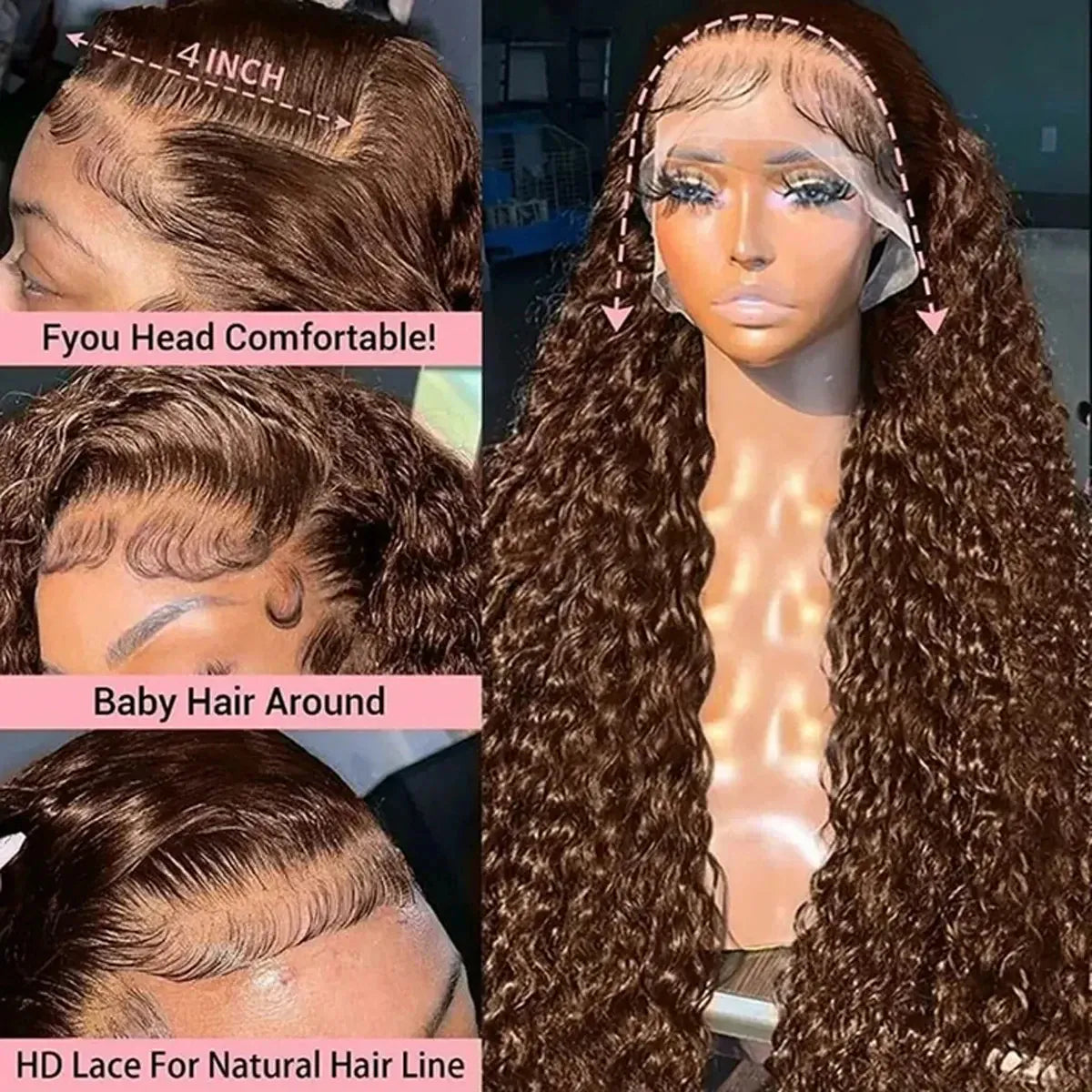 Chocolate Brown Deep Wave 13x6 HD Lace Frontal Human Hair Wigs 250% Vietnamese Original #4 Color Loose Curly 13x4 Lace Front Wig