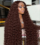 Chocolate Brown Deep Wave Frontal Wig Colored #4 Deep Curly Lace Front Human Hair Wigs Remy 13x4 HD Lace Frontal Wigs For Women