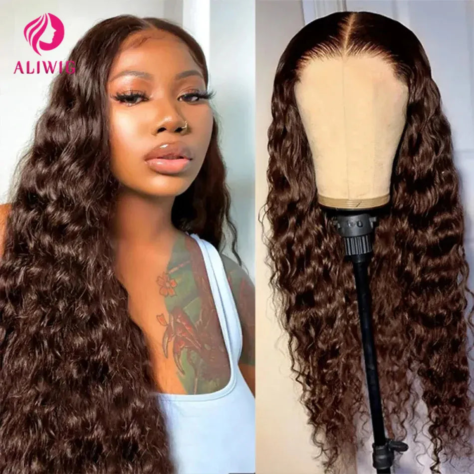 Chocolate Brown Lace Front Wig 13x4 13x6 Water Deep Wave Frontal Wig Colored HD Lace Front Wig Pre Plucked Curly Human Hair Wigs