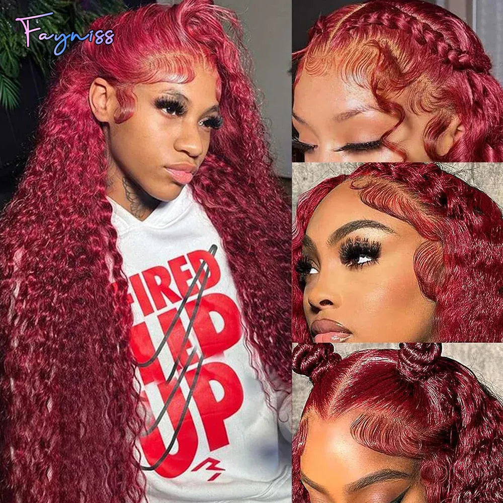 Clearance Sale 99j Burgundy Red Deep Wave Curly 13x4 Transparent Lace Front Wig Human Hair for Women 100% Human Hair Material Soft Healthy 4X4 Lace Closure Wig Human Hair