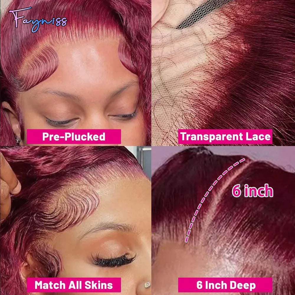 Clearance Sale 99j Burgundy Red Deep Wave Curly 13x4 Transparent Lace Front Wig Human Hair for Women 100% Human Hair Material Soft Healthy 4X4 Lace Closure Wig Human Hair