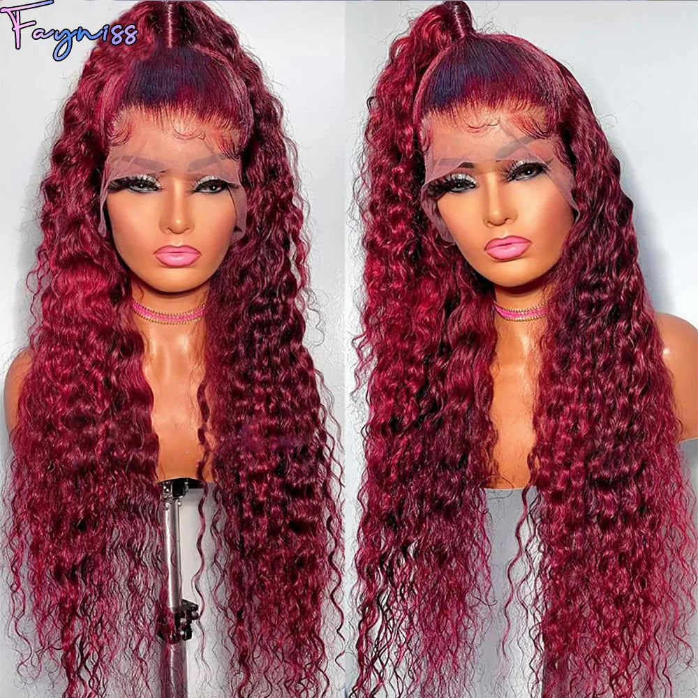Clearance Sale 99j Burgundy Red Deep Wave Curly 13x4 Transparent Lace Front Wig Human Hair for Women 100% Human Hair Material Soft Healthy 4X4 Lace Closure Wig Human Hair