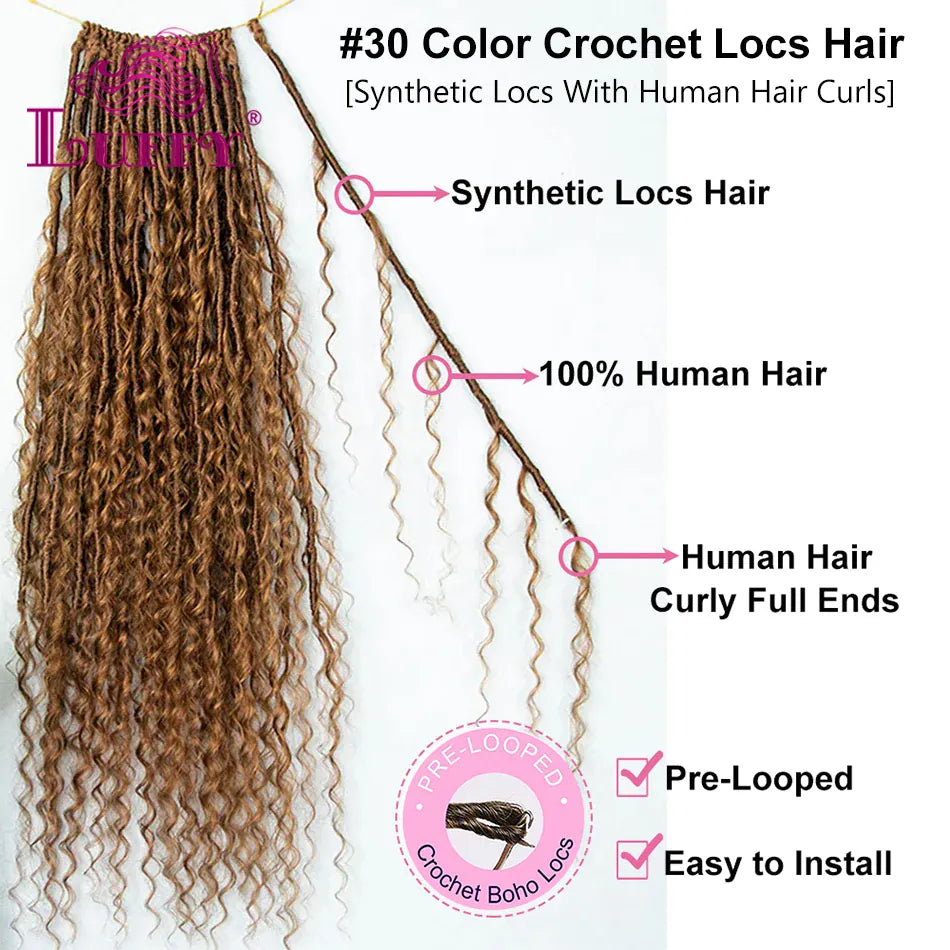 Color 30 Crochet Boho Locs With Human Hair Curls Pre-looped Locs Crochet Hair Human Hair Curly Full Ends For Women