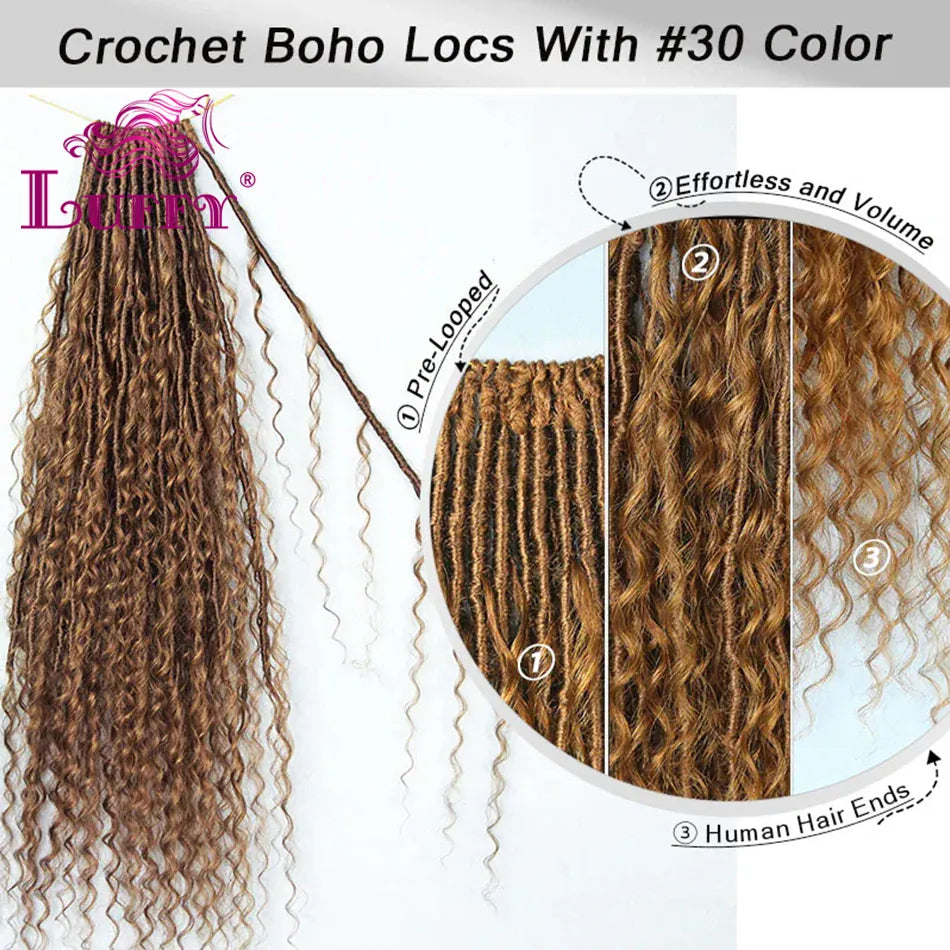 Color 30 Crochet Boho Locs With Human Hair Curls Pre-looped Locs Crochet Hair Human Hair Curly Full Ends For Women