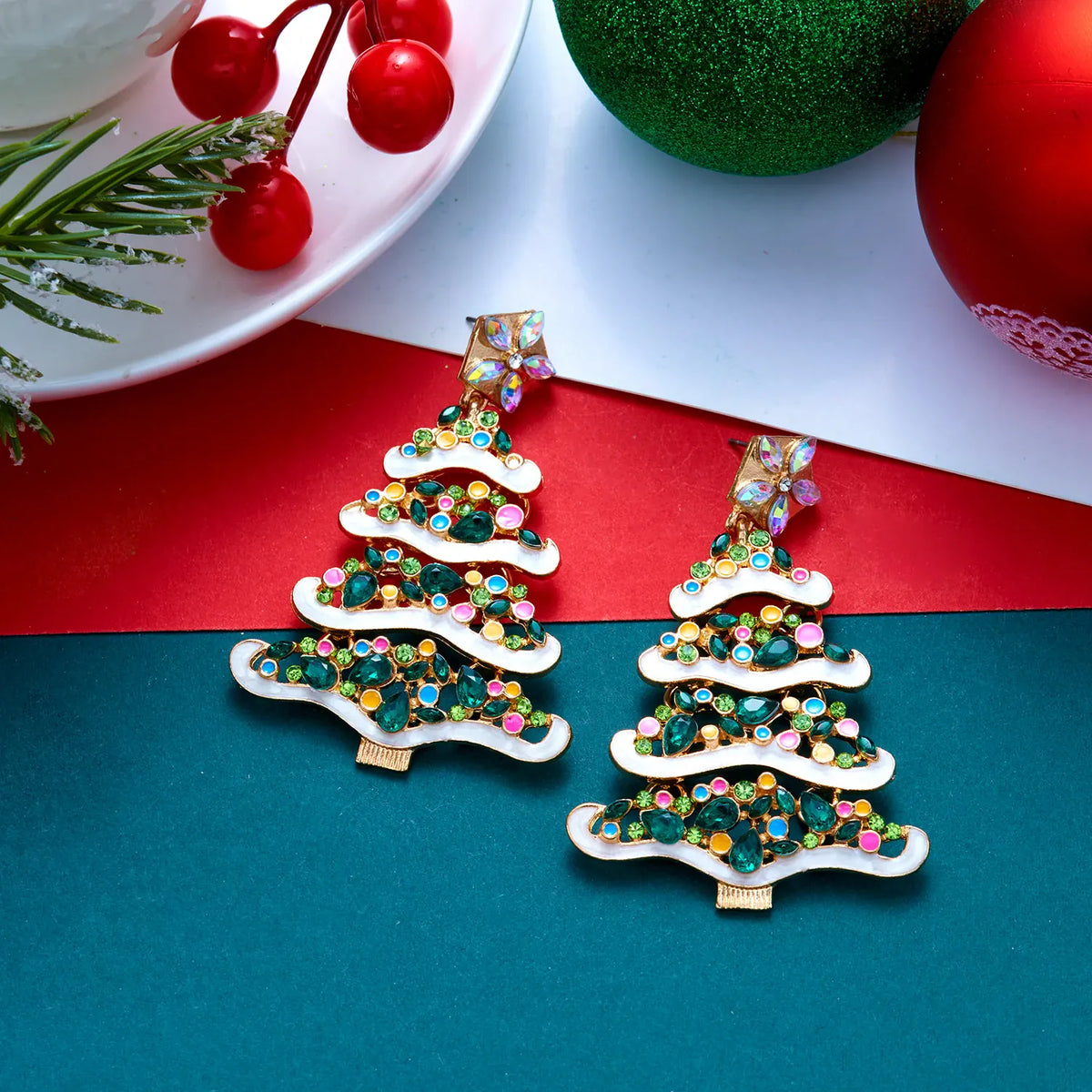Colourful Zircon Christmas Tree Earrings For Women Sparkling Crystal Snowflake Elk Earring New Year Holiday Jewelry Gifts