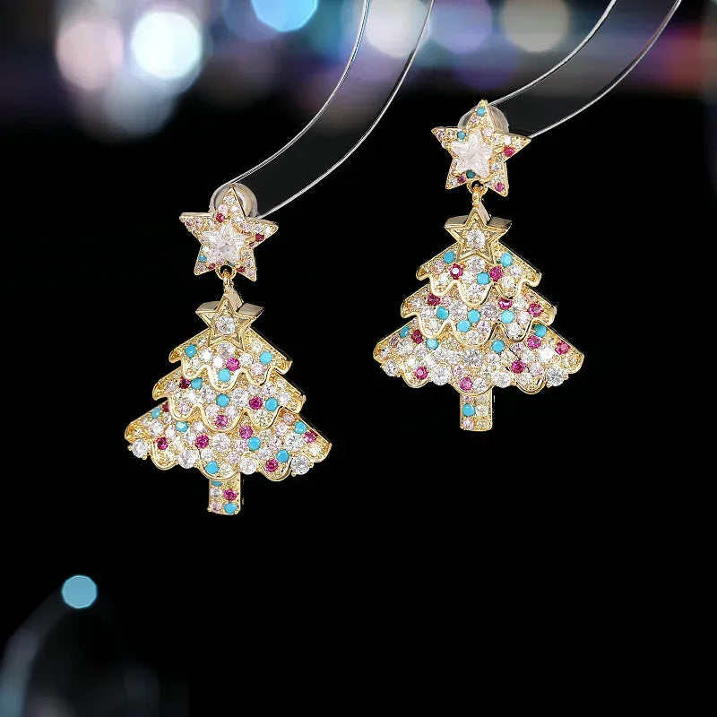 Colourful Zircon Christmas Tree Earrings For Women Sparkling Crystal Snowflake Elk Earring New Year Holiday Jewelry Gifts