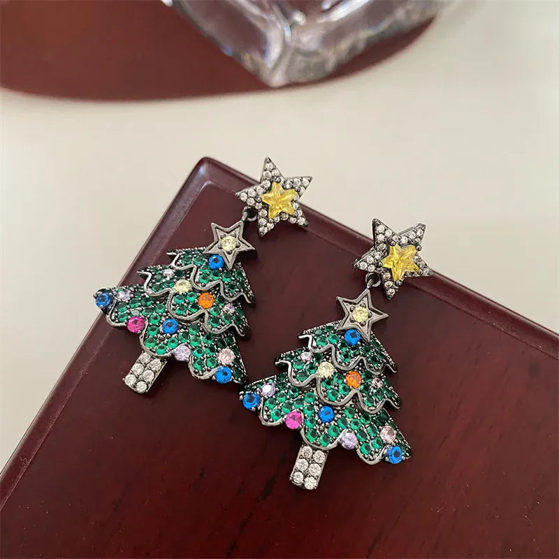 Colourful Zircon Christmas Tree Earrings For Women Sparkling Crystal Snowflake Elk Earring New Year Holiday Jewelry Gifts