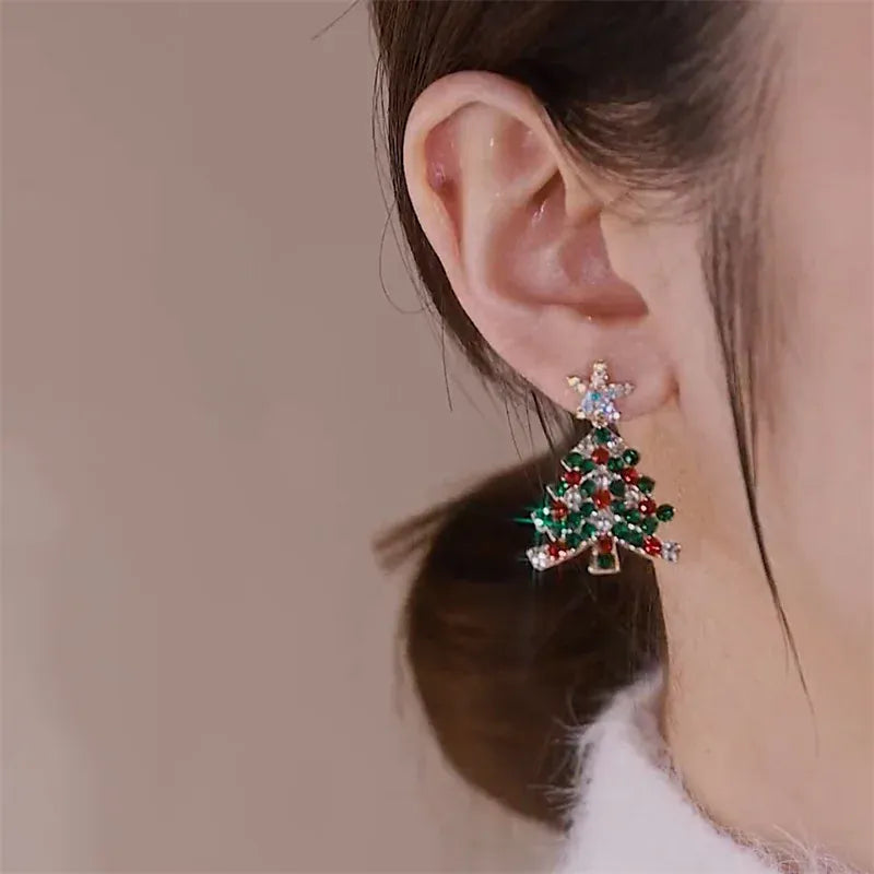 Colourful Zircon Christmas Tree Earrings For Women Sparkling Crystal Snowflake Elk Earring New Year Holiday Jewelry Gifts