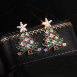 Colourful Zircon Christmas Tree Earrings For Women Sparkling Crystal Snowflake Elk Earring New Year Holiday Jewelry Gifts