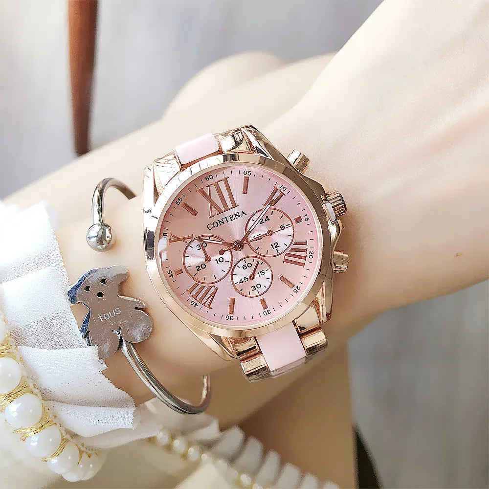 Contena Brand Luxury Women's Watch Fashion Rhinestones Stainless Steel Quartz Watch Simple Elegant Ladies Watch Reloj Mujer
