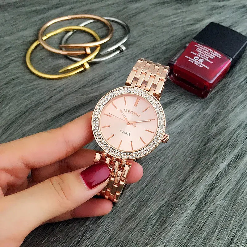 Contena Brand Luxury Women's Watch Fashion Rhinestones Stainless Steel Quartz Watch Simple Elegant Ladies Watch Reloj Mujer