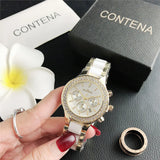 Contena Brand Luxury Women's Watch Fashion Rhinestones Stainless Steel Quartz Watch Simple Elegant Ladies Watch Reloj Mujer