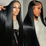Straight human hair HD lace front wig by HSF Marketplace, 13x4 or 13x6 Brazilian 200-density wig in 18-46 inches.