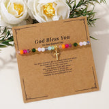 Cross Square Crystal Beads Bracelet for Women Boho Natural Stone Stretch Beach Jewelry Multi-Color Religious Baptism Jewelry