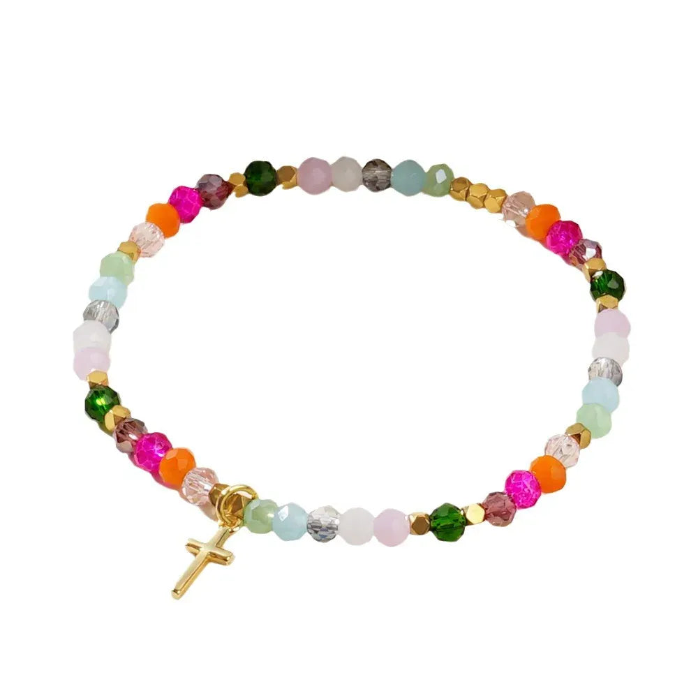 Cross Square Crystal Beads Bracelet for Women Boho Natural Stone Stretch Beach Jewelry Multi-Color Religious Baptism Jewelry