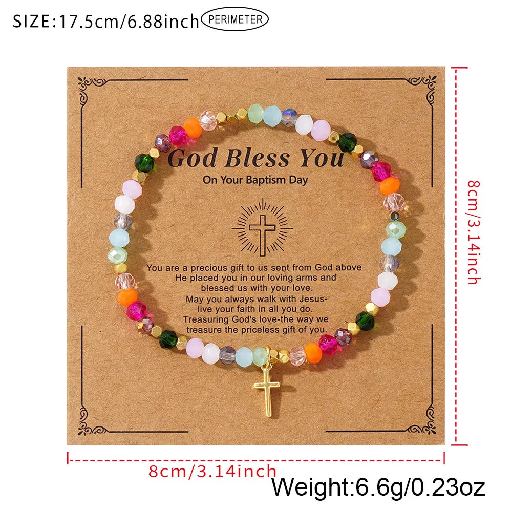Cross Square Crystal Beads Bracelet for Women Boho Natural Stone Stretch Beach Jewelry Multi-Color Religious Baptism Jewelry