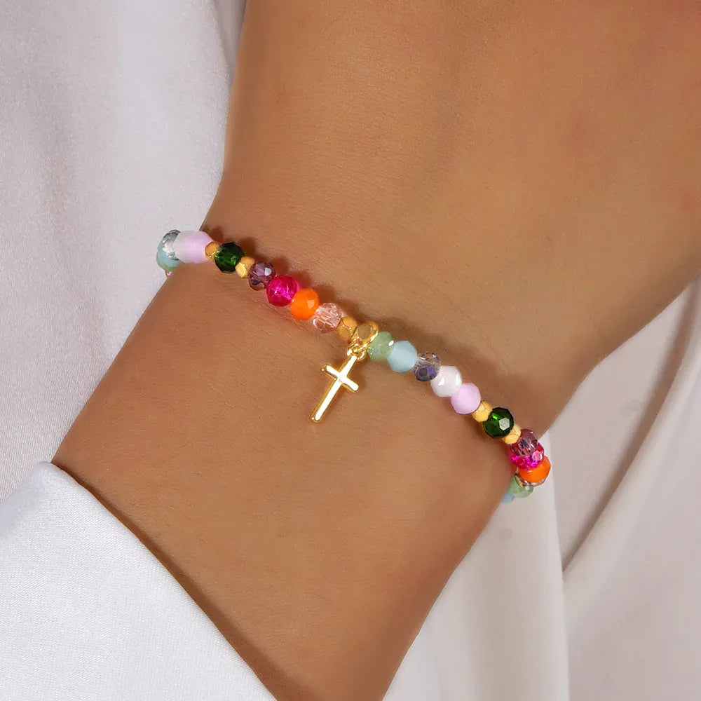 Cross Square Crystal Beads Bracelet for Women Boho Natural Stone Stretch Beach Jewelry Multi-Color Religious Baptism Jewelry