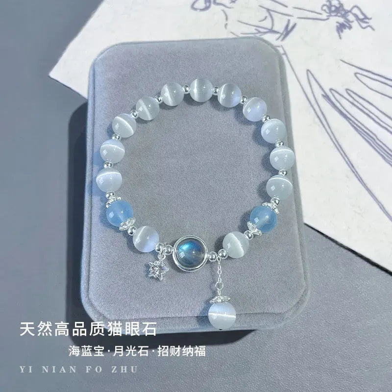 Crystal Bracelet Natural Grey Moonstone Lavolite Niche Design Advanced Sense Gold Tiger Eye Stone Blue Tiger Eye Ins Hand String