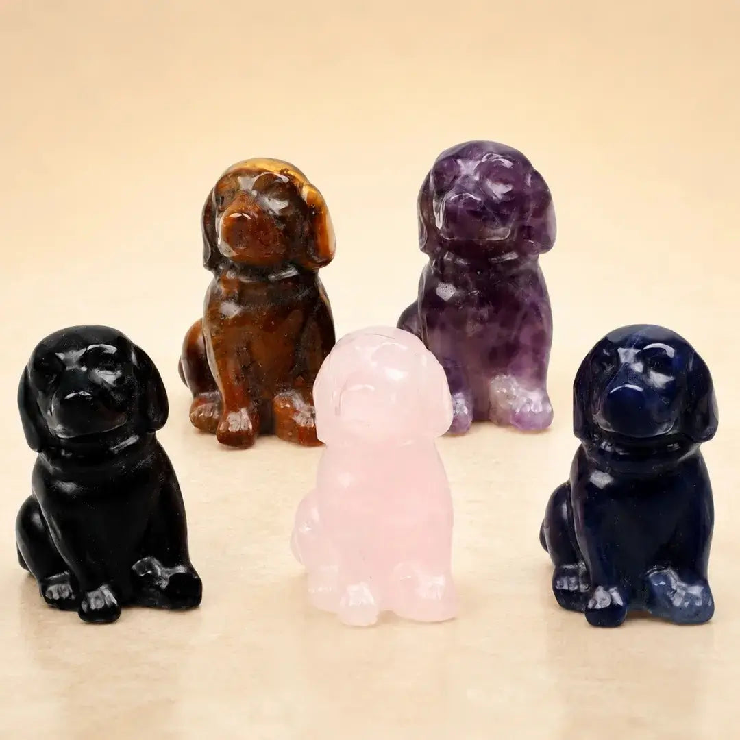 Crystal Stone Dog Figurine, 1.5 Inch Hand-Carved Natural Stone Crystal Puppy Decor