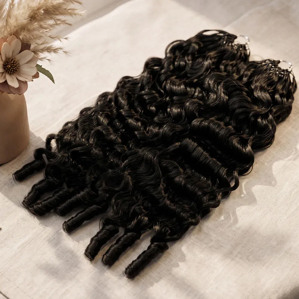 Curly Crochet Braids 100% Human Hair Extensions Burmese Raw Hair Reusable Pre-Separated Tangle-Free 18-24 Inch Natural Black for Women