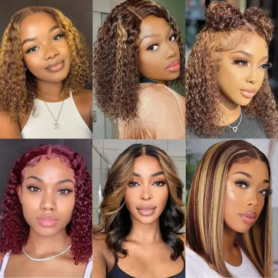 Curly Highlight Bob Wig Human Hair Deep Wave 4x4 HD Lace Front Wigs Colored Pre Plucked Wear And Go Glueless  Human Hair For Black Women