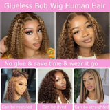 Curly Highlight Bob Wig Human Hair Deep Wave 4x4 HD Lace Front Wigs Colored Pre Plucked Wear And Go Glueless  Human Hair For Black Women