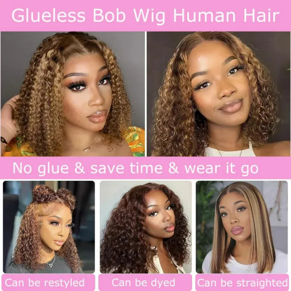 Curly Highlight Bob Wig Human Hair Deep Wave 4x4 HD Lace Front Wigs Colored Pre Plucked Wear And Go Glueless  Human Hair For Black Women