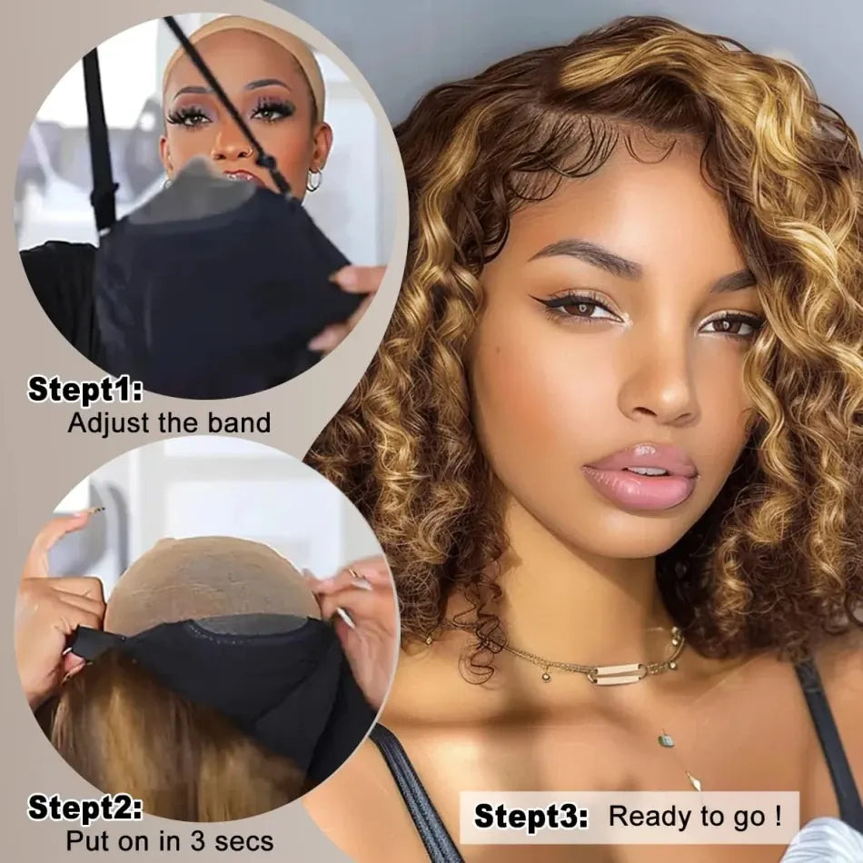 Curly Highlight Bob Wig Human Hair Deep Wave 4x4 HD Lace Front Wigs Colored Pre Plucked Wear And Go Glueless  Human Hair For Black Women