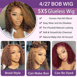 Curly Highlight Bob Wig Human Hair Deep Wave 4x4 HD Lace Front Wigs Colored Pre Plucked Wear And Go Glueless  Human Hair For Black Women
