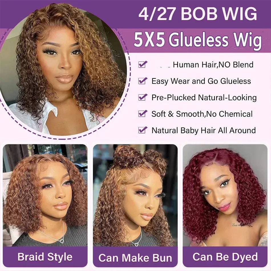 Curly Highlight Bob Wig Human Hair Deep Wave 4x4 HD Lace Front Wigs Colored Pre Plucked Wear And Go Glueless  Human Hair For Black Women