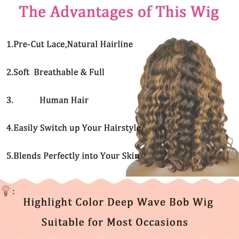 Curly Highlight Bob Wig Human Hair Deep Wave 4x4 HD Lace Front Wigs Colored Pre Plucked Wear And Go Glueless  Human Hair For Black Women
