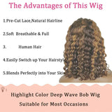 Curly Highlight Bob Wig Human Hair Deep Wave 4x4 HD Lace Front Wigs Colored Pre Plucked Wear And Go Glueless  Human Hair For Black Women