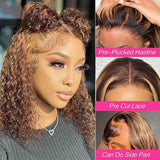 Curly Highlight Bob Wig Human Hair Deep Wave 4x4 HD Lace Front Wigs Colored Pre Plucked Wear And Go Glueless  Human Hair For Black Women